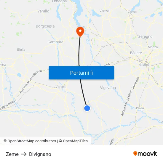 Zeme to Divignano map