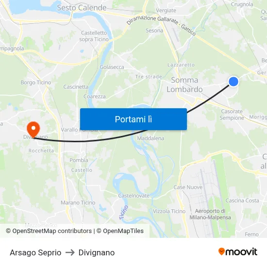 Arsago Seprio to Divignano map