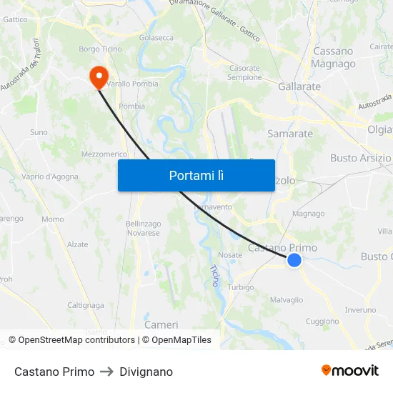 Castano Primo to Divignano map