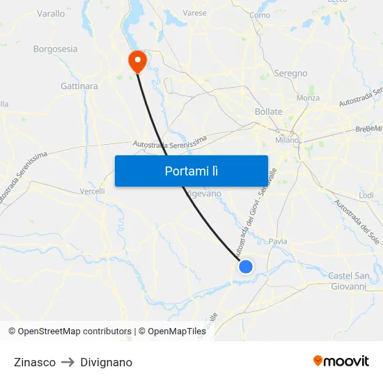 Zinasco to Divignano map