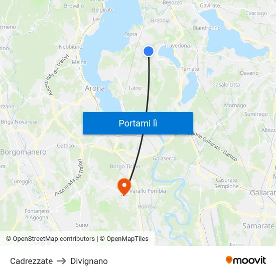 Cadrezzate to Divignano map