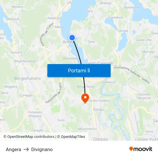 Angera to Divignano map