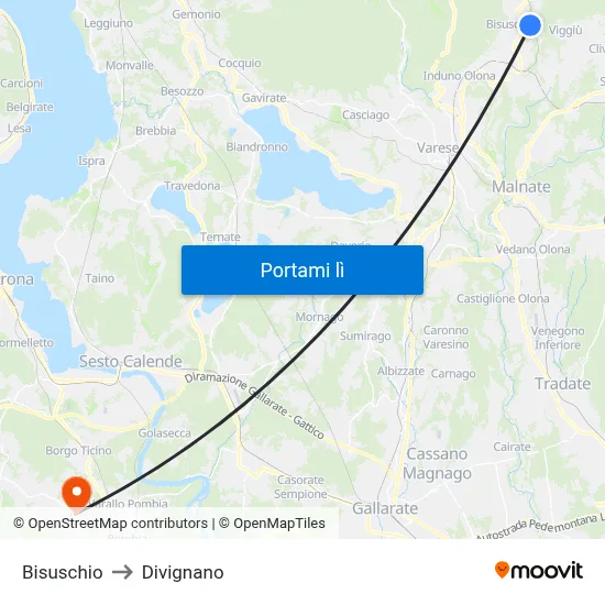Bisuschio to Divignano map