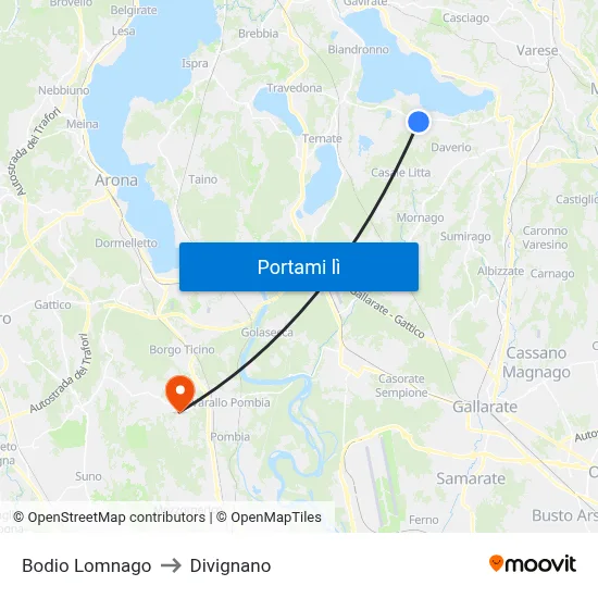 Bodio Lomnago to Divignano map