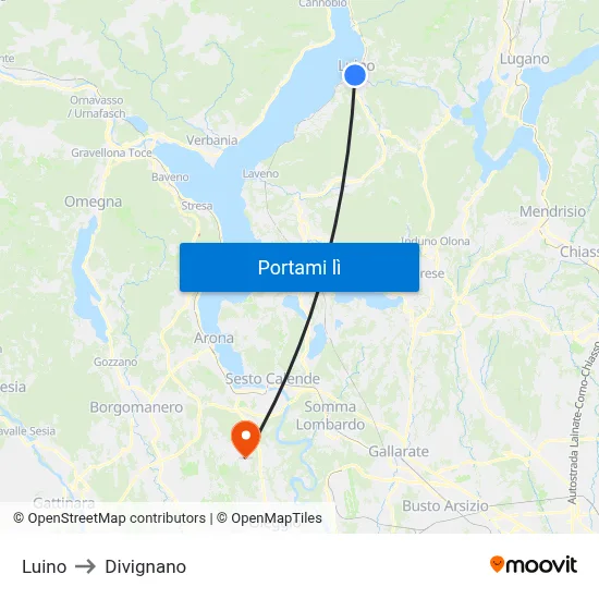Luino to Divignano map