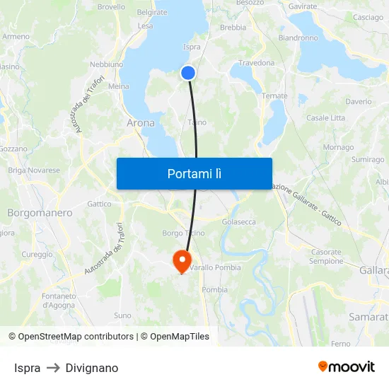 Ispra to Divignano map