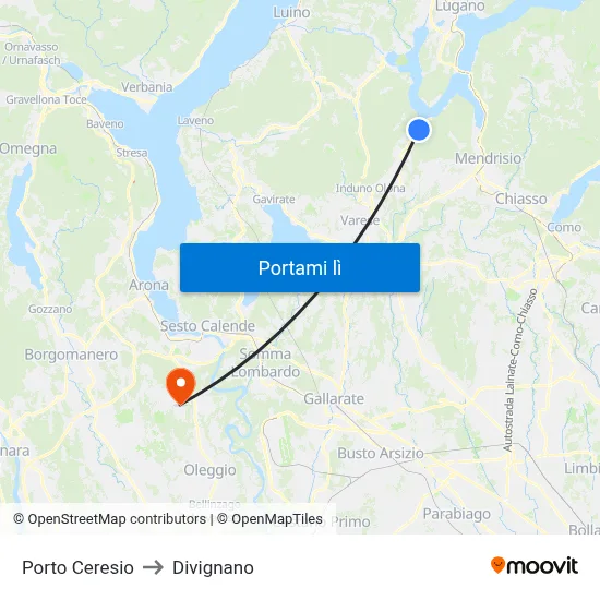 Porto Ceresio to Divignano map