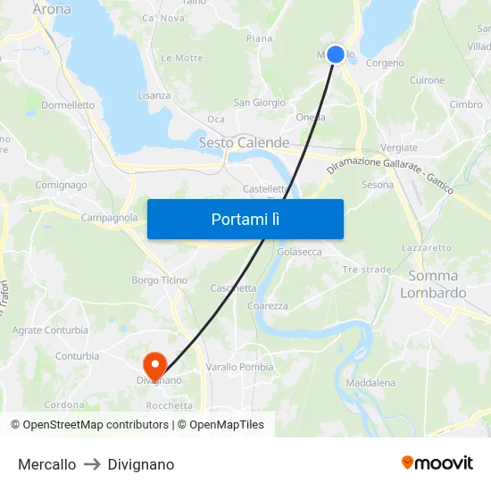 Mercallo to Divignano map