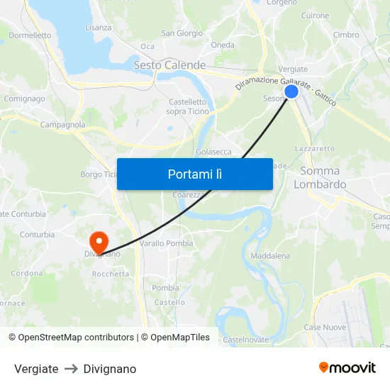 Vergiate to Divignano map