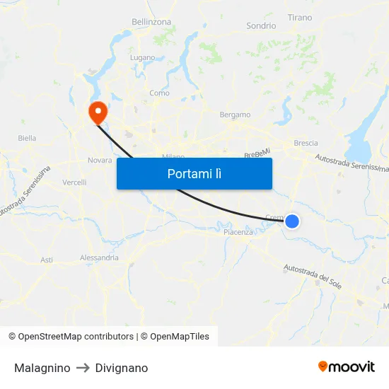 Malagnino to Divignano map