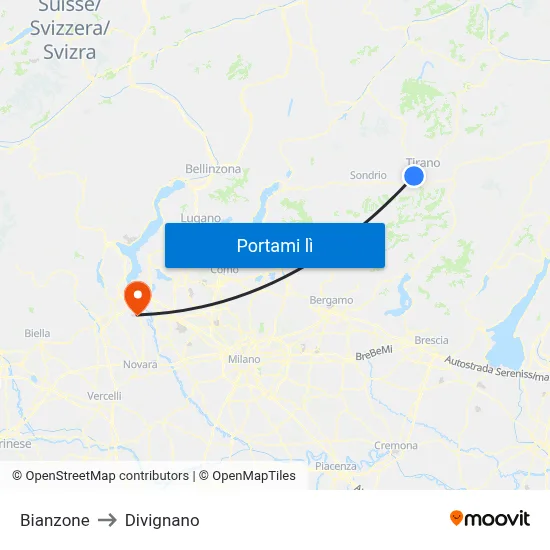 Bianzone to Divignano map
