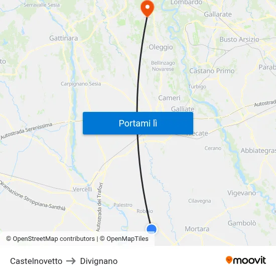 Castelnovetto to Divignano map