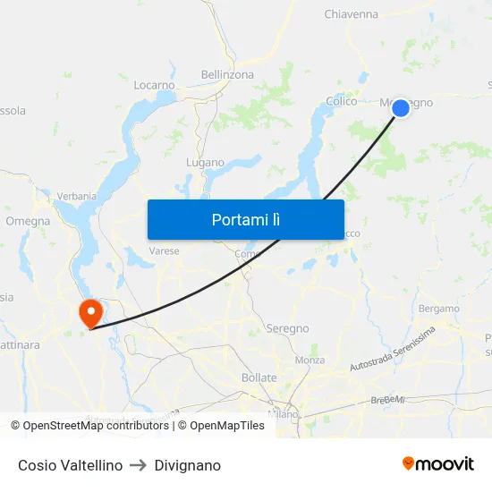 Cosio Valtellino to Divignano map