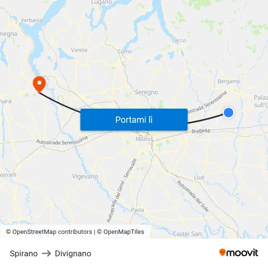 Spirano to Divignano map