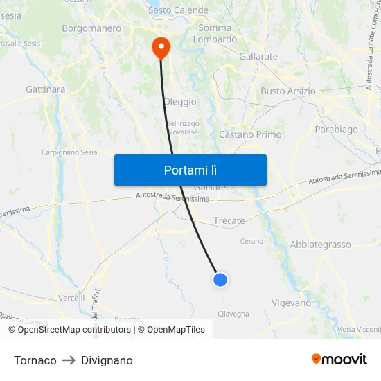 Tornaco to Divignano map