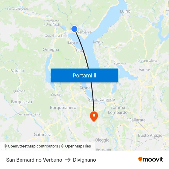 San Bernardino Verbano to Divignano map