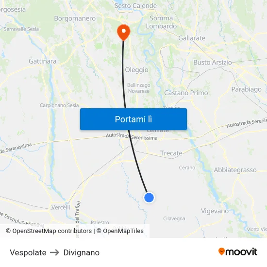 Vespolate to Divignano map