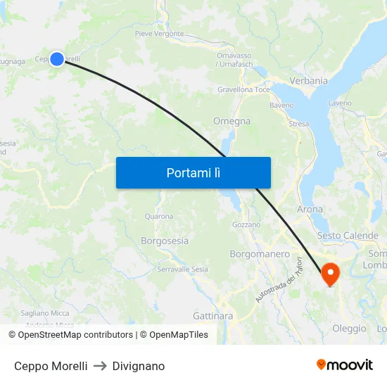 Ceppo Morelli to Divignano map