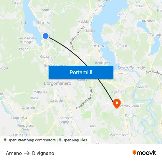 Ameno to Divignano map