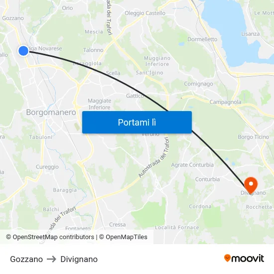 Gozzano to Divignano map