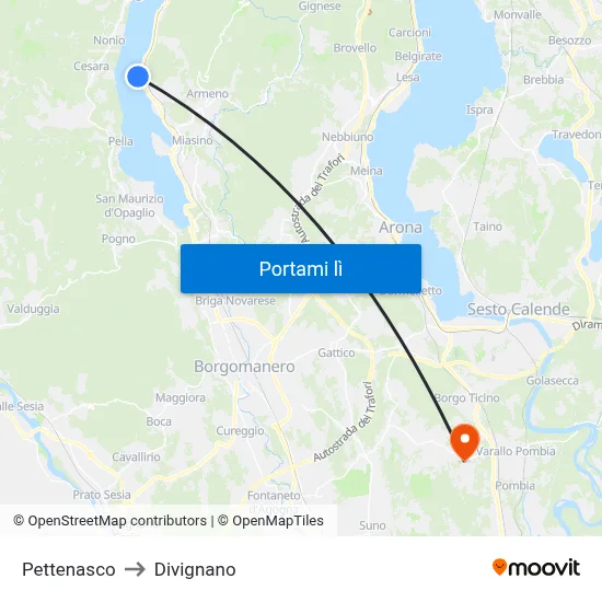 Pettenasco to Divignano map