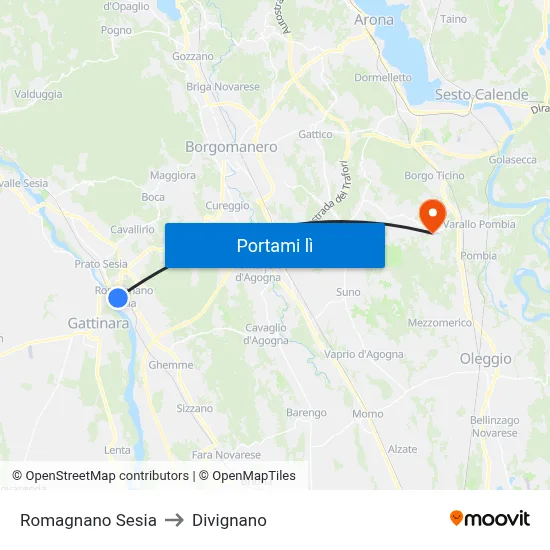Romagnano Sesia to Divignano map