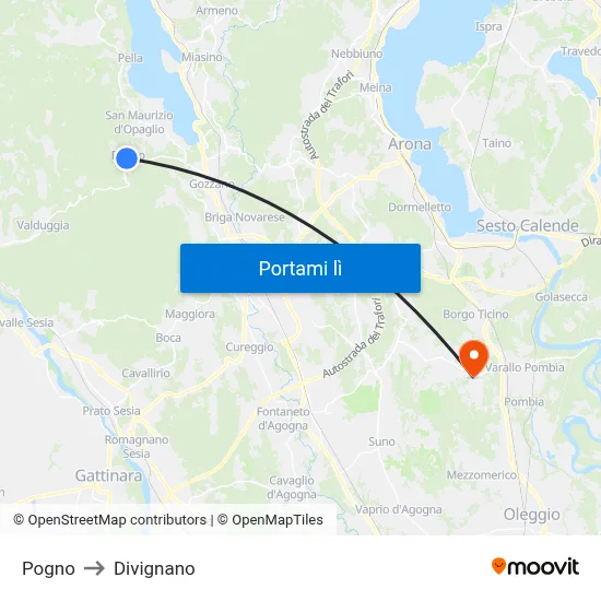 Pogno to Divignano map