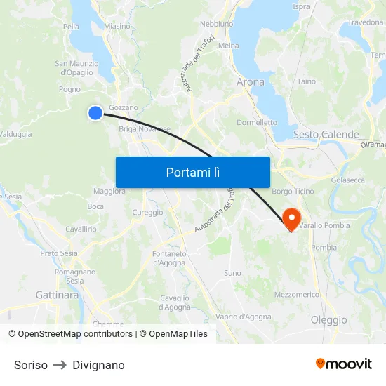 Soriso to Divignano map