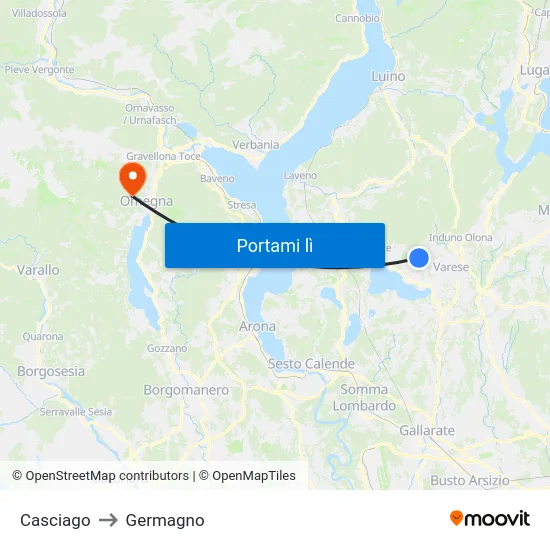 Casciago to Germagno map