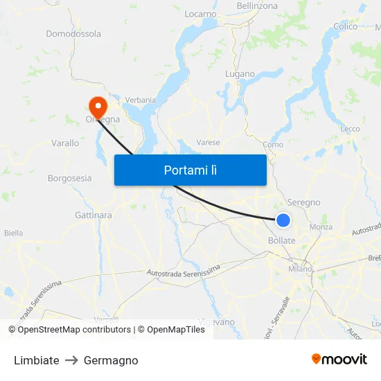 Limbiate to Germagno map