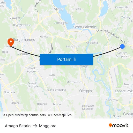 Arsago Seprio to Maggiora map