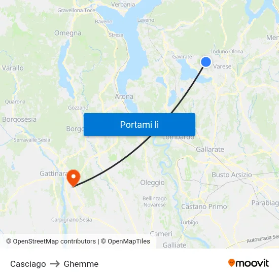 Casciago to Ghemme map