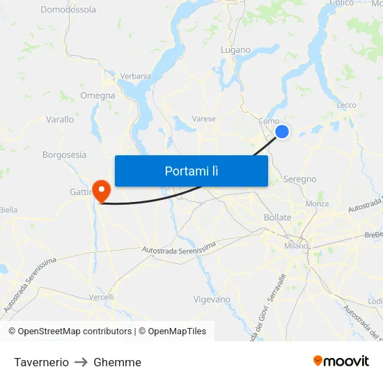 Tavernerio to Ghemme map