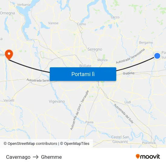 Cavernago to Ghemme map
