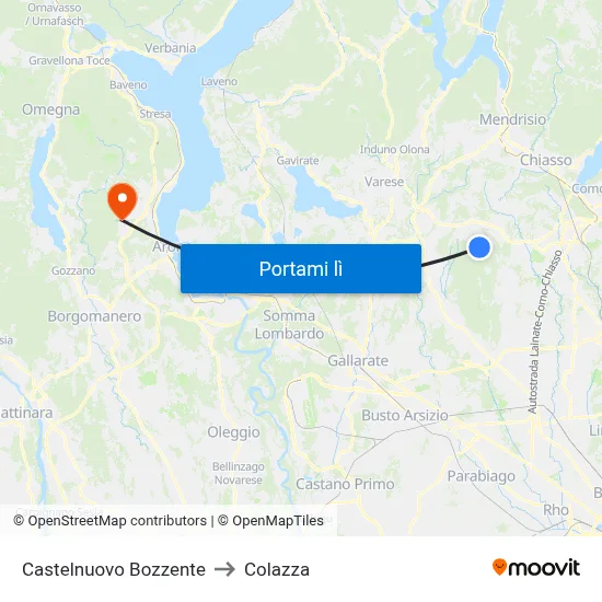 Castelnuovo Bozzente to Colazza map