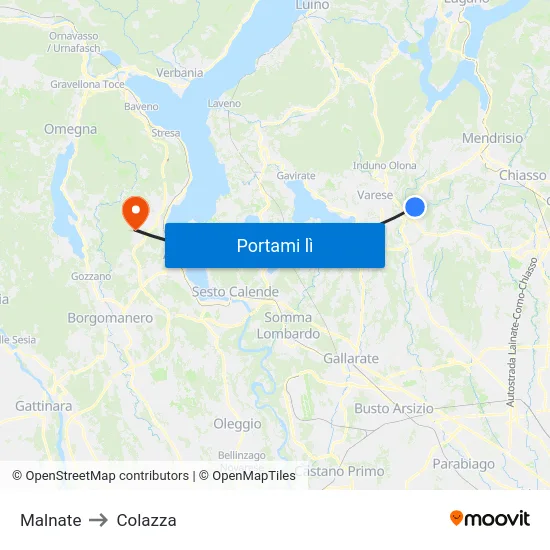 Malnate to Colazza map