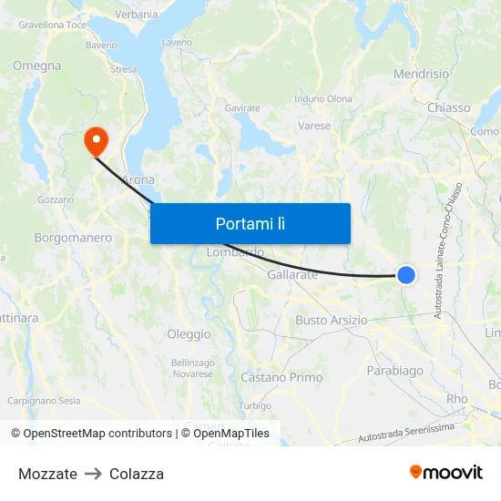 Mozzate to Colazza map