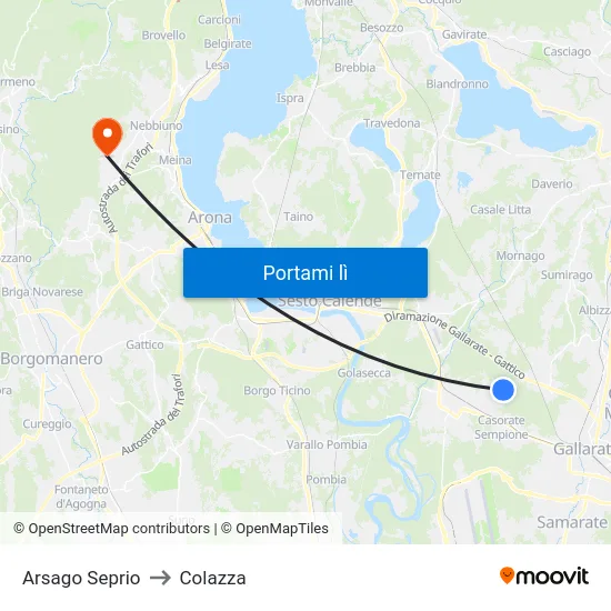 Arsago Seprio to Colazza map