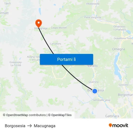Borgosesia to Macugnaga map