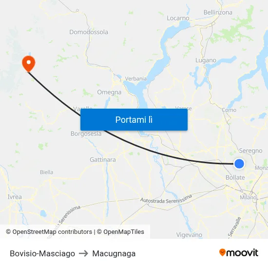 Bovisio-Masciago to Macugnaga map
