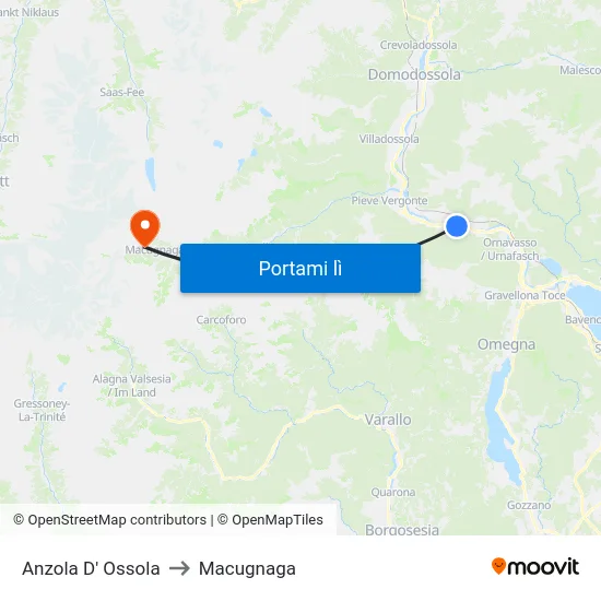 Anzola D' Ossola to Macugnaga map