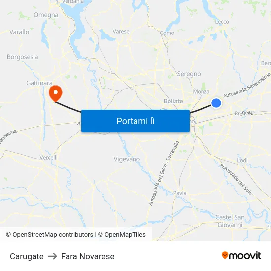 Carugate to Fara Novarese map