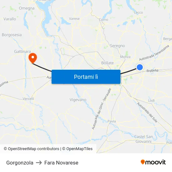 Gorgonzola to Fara Novarese map