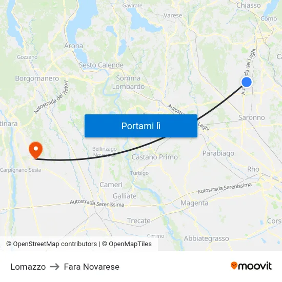 Lomazzo to Fara Novarese map
