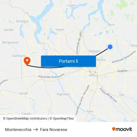 Montevecchia to Fara Novarese map