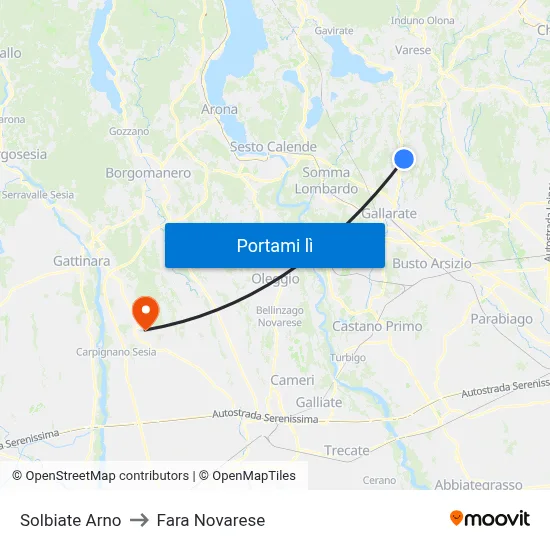 Solbiate Arno to Fara Novarese map