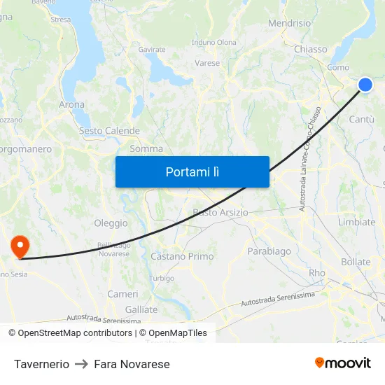 Tavernerio to Fara Novarese map