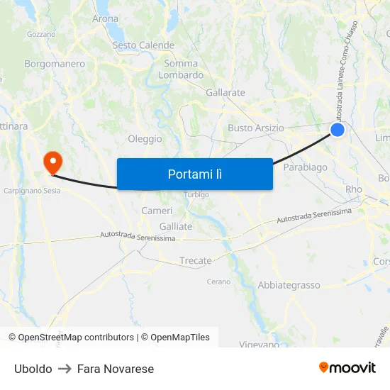 Uboldo to Fara Novarese map
