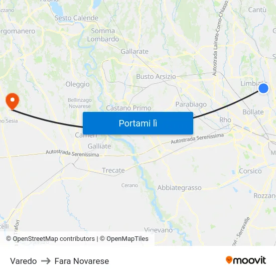Varedo to Fara Novarese map