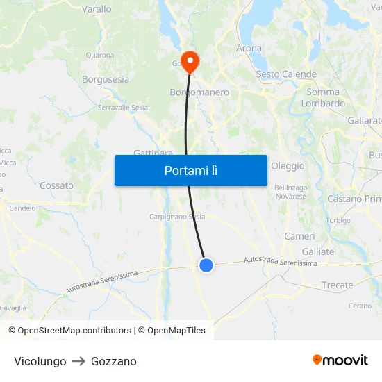 Vicolungo to Gozzano map